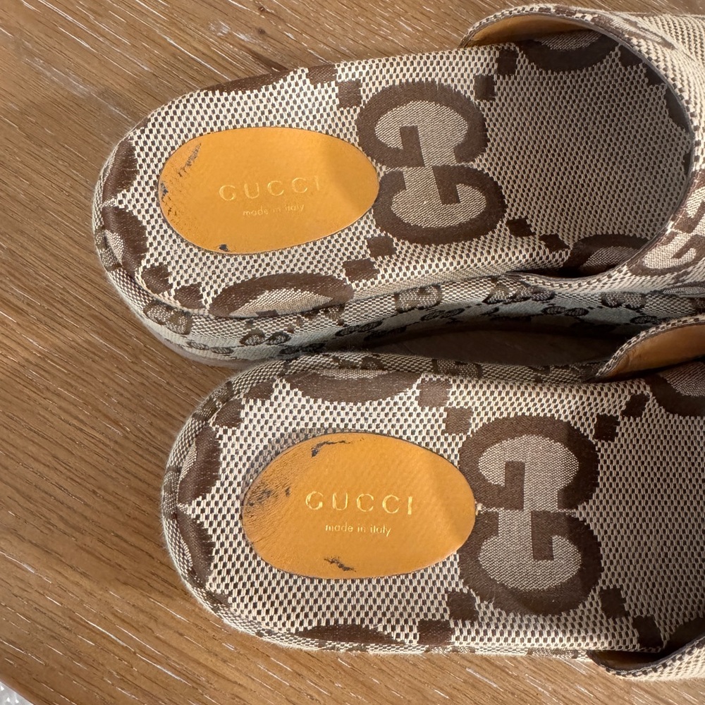 Gucci Beige and Brown Monogram Slides - Picture 2 of 6